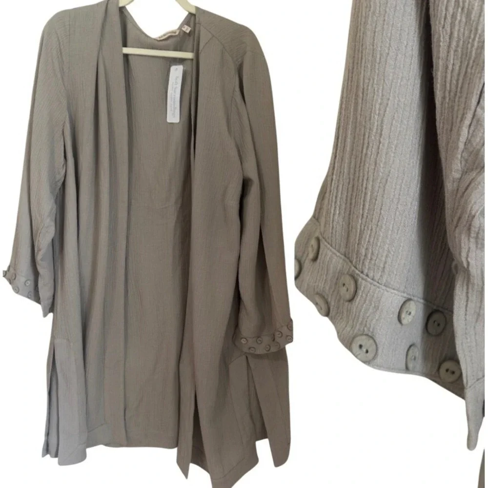 Soft Surroundings Size 2X Taupe Crinkle Gauze Open Cardigan Button Accent Cuff